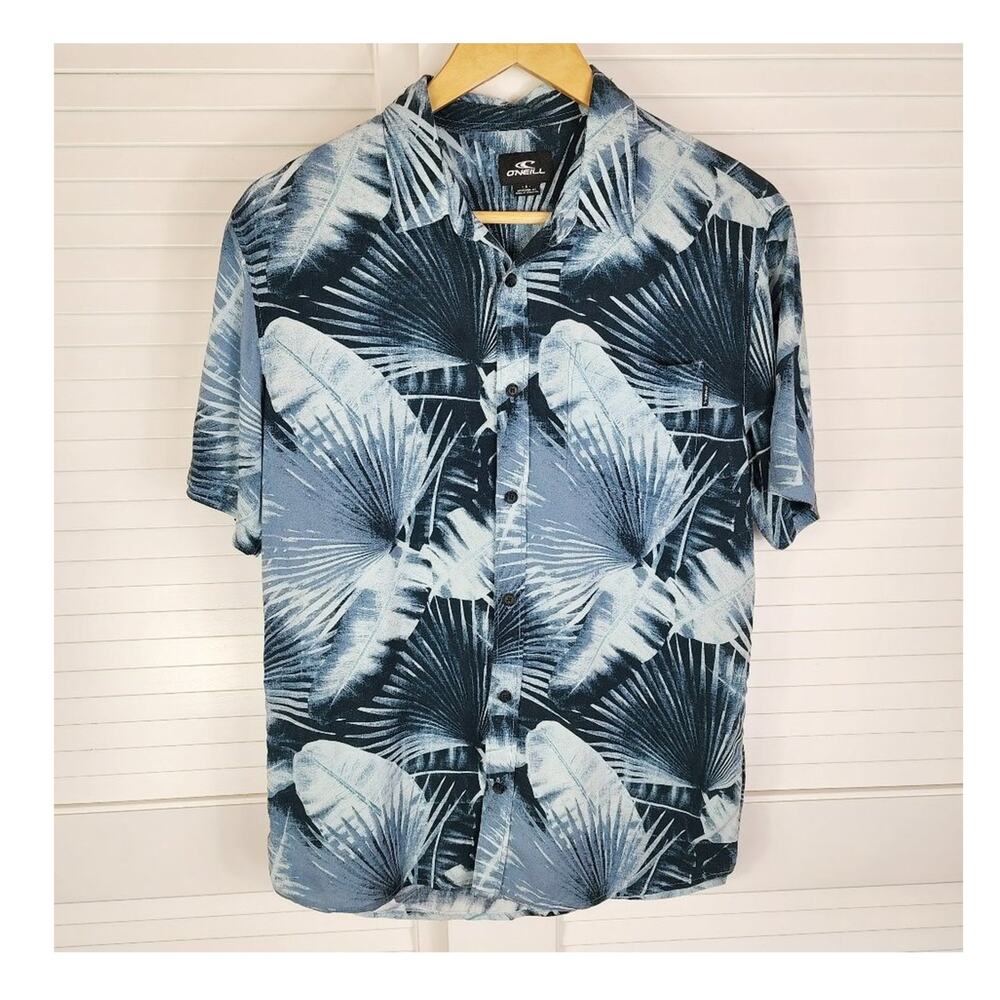 O'Neill Hawaii Shirt Men S Blue Rayon Aloha Button-up Modern Fit Blue Palm Frond